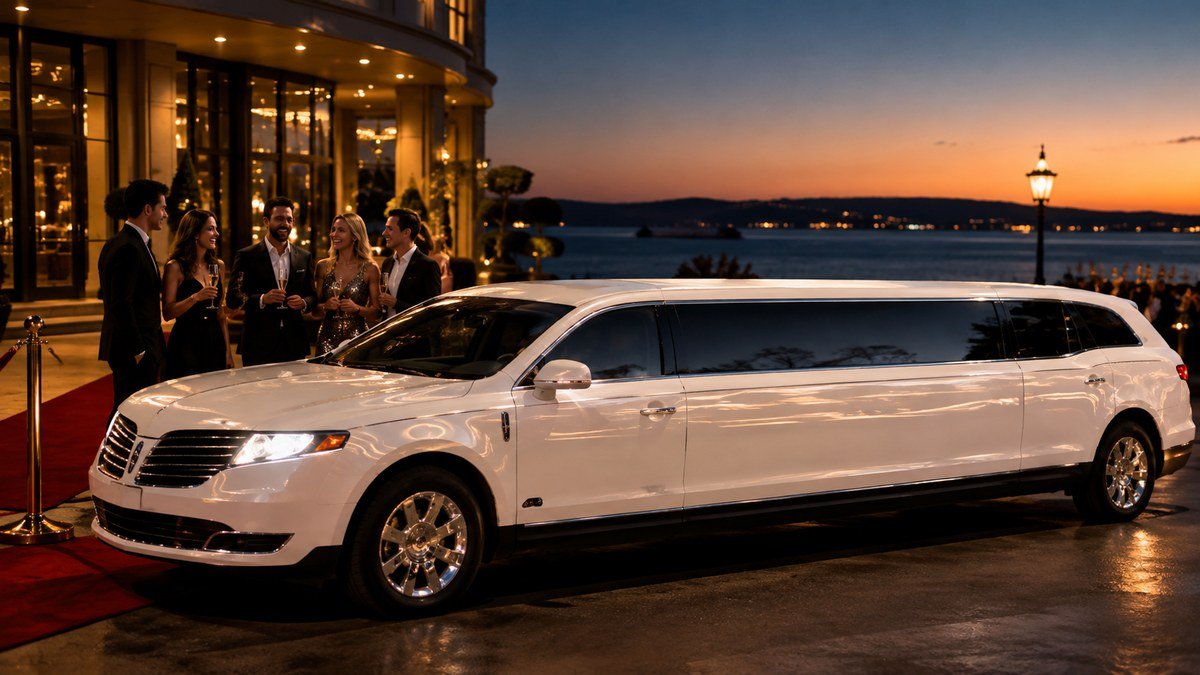 White Lincoln stretch limousine for premium airport transportation