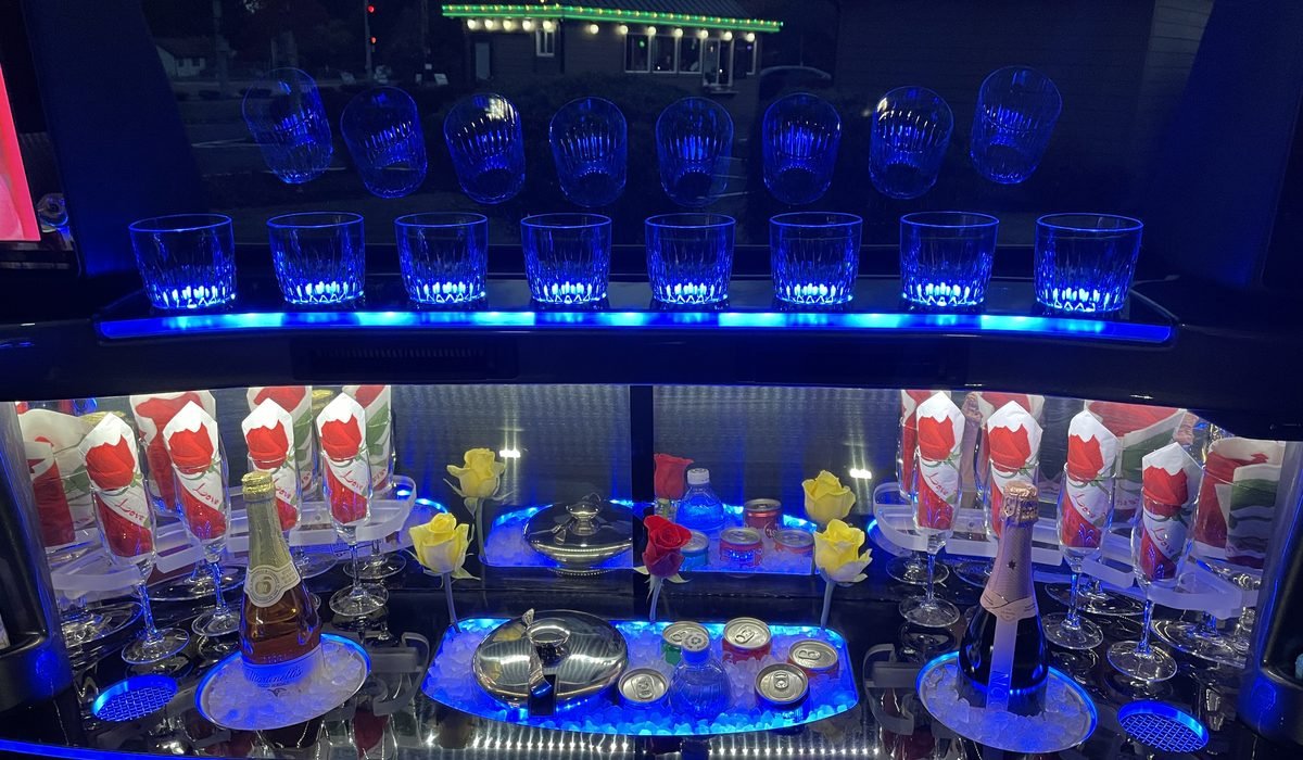 Whidbey Island Limo flower and glassware interior setup