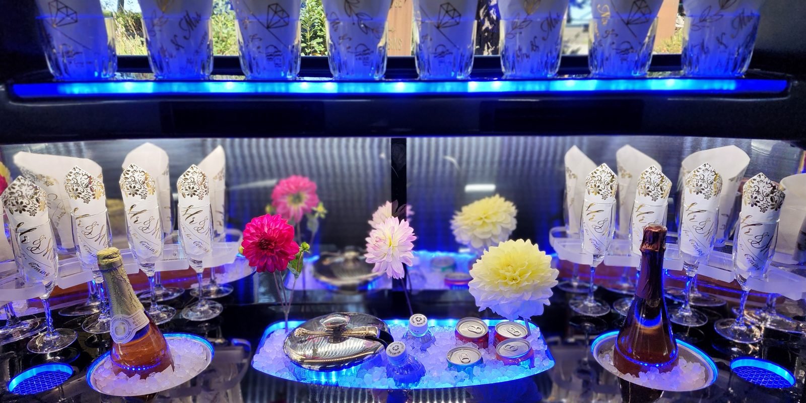 Whidbey Island Limo wedding flower and glassware setup